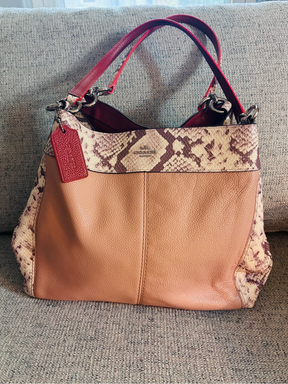 Coach Lexi Pebble Leather Shoulder Bag with Snake-Print Trim in Tan and Orange